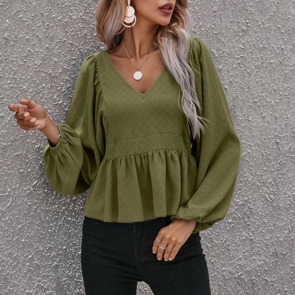 Boho lantern sleeve ruffle hem blouse khaki - Picture 11 of 14